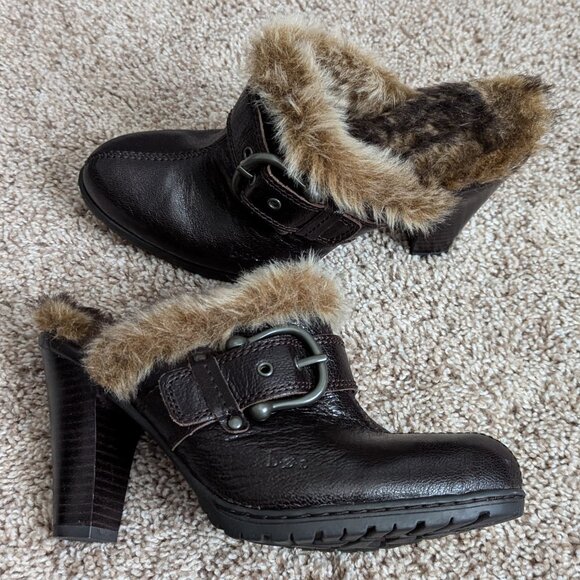 Born Concepts Mules Womens 7 Brown Leather Buckle Fur Lined Rugged Sole Comfort - Picture 1 of 9